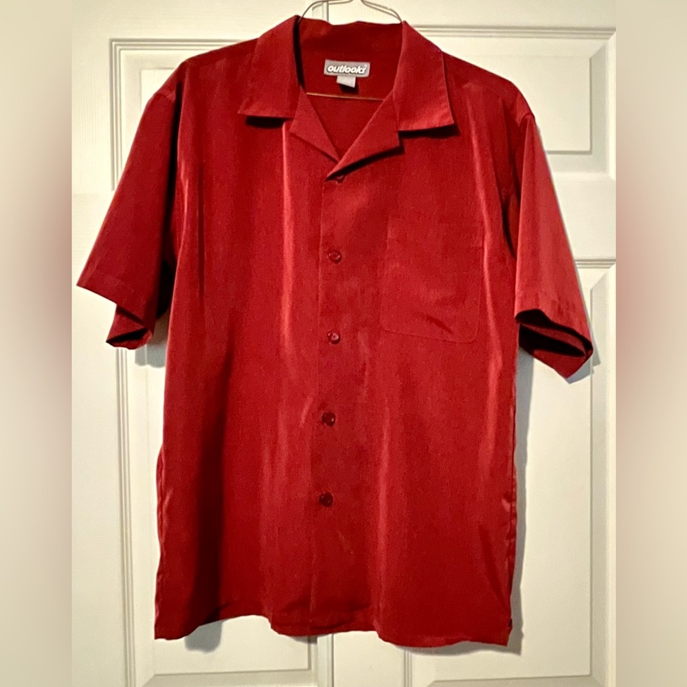Outlooks Mens Button Up Shirt Red Short Sleeve Spread Collar Pocket L